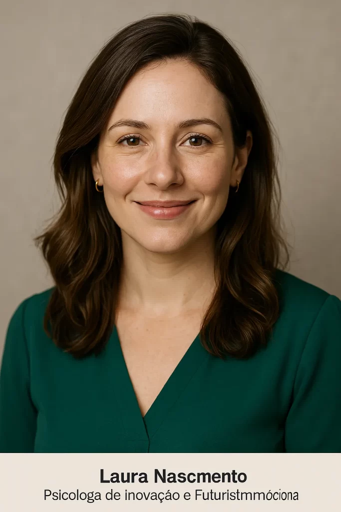 Retrato profissional de Laura Nascimento, psicóloga e palestrante motivacional, com expressão acolhedora e confiante, em fundo neutro e iluminação suave.