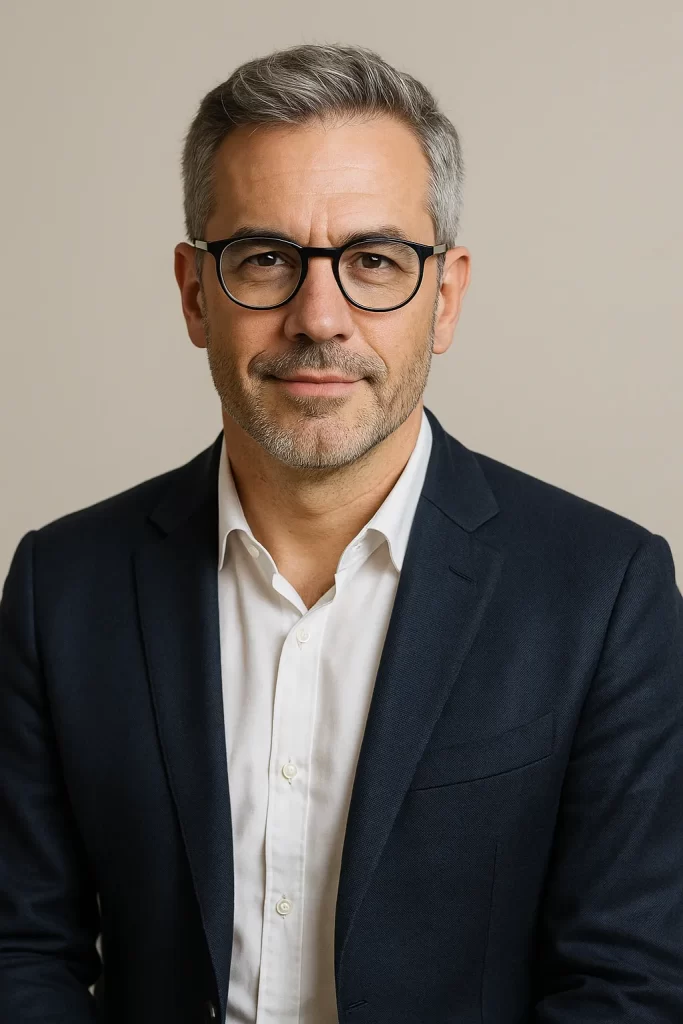 Retrato profissional de Ricardo Figueira, consultor de inovação e futurismo, com blazer azul e expressão confiante em fundo neutro.