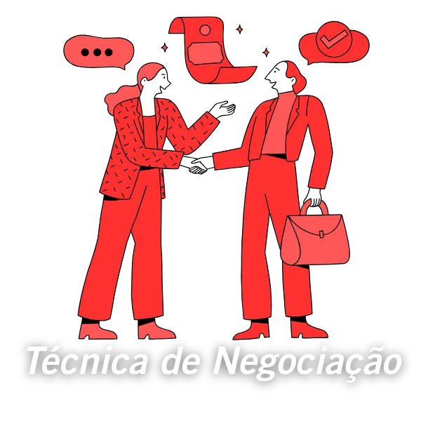 Ilustração representando técnicas de negociação e comunicação estratégica entre profissionais, curso em desenvolvimento na Charotta.