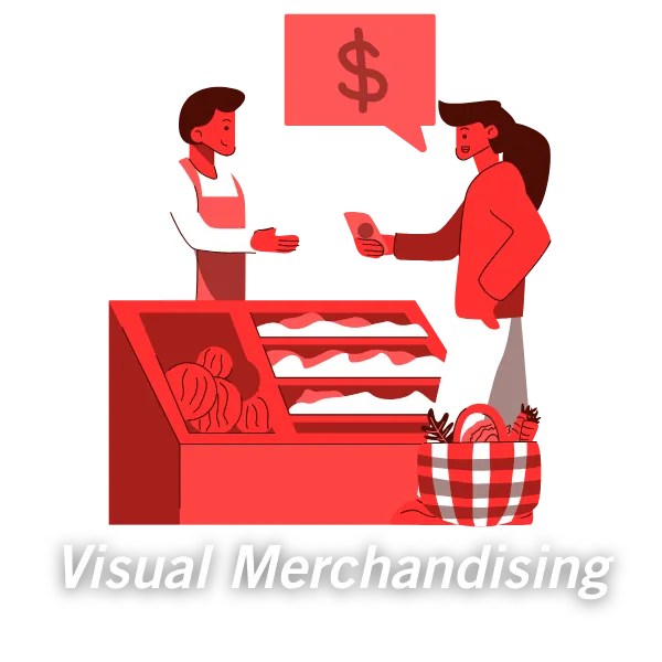 Ilustração sobre visual merchandising no varejo, destacando exposição de produtos e experiência de compra, curso em desenvolvimento na Charotta.